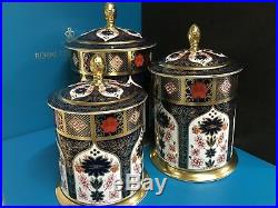 New Royal Crown Derby 2nd Quality Old Imari Solid Gold Band Set of 3 Storage Jar