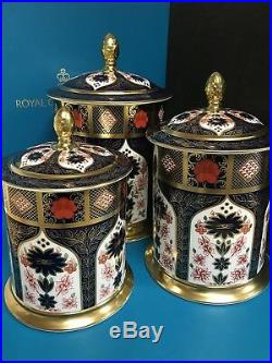 New Royal Crown Derby 2nd Quality Old Imari Solid Gold Band Set of 3 Storage Jar