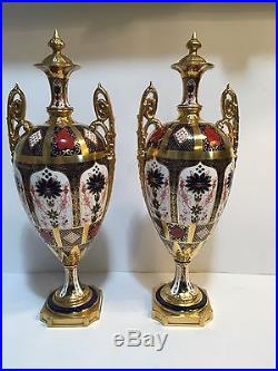 PAIR Royal Crown Derby Old Imari Covered Urns/ Vases 16.75 1st Quality