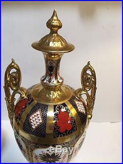 PAIR Royal Crown Derby Old Imari Covered Urns/ Vases 16.75 1st Quality
