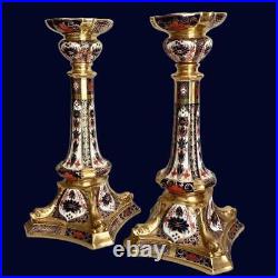 Pair 1982 1985 Royal Crown Derby Old Imari Candlesticks 1128