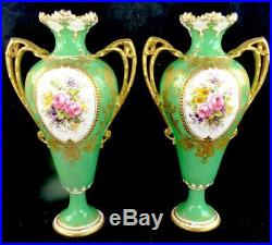 Pair Antique Royal Crown Derby Vases Painted By Fred Marple Green Ground Gilt