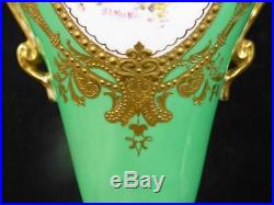 Pair Antique Royal Crown Derby Vases Painted By Fred Marple Green Ground Gilt
