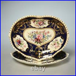 Pair Of (2) Antique Royal Crown Derby Cobalt Blue & Floral Bouquet Heart Plates