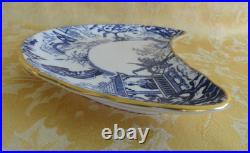 Pair Royal Crown Derby Bone China Blue Mikado Crescent Salad Plate with Gold Gilt