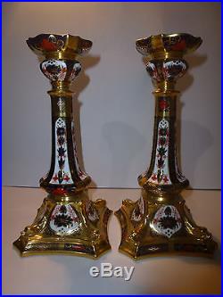 Pair Royal Crown Derby Old Imari Candlesticks 10.5 1st Quality and Perfect