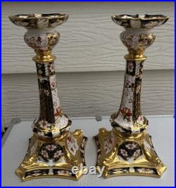 Pair Royal Crown Derby Old Imari Large Candlesticks 10.5in Excellent