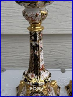 Pair Royal Crown Derby Old Imari Large Candlesticks 10.5in Excellent