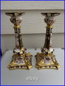 Pair Royal Crown Derby Old Imari Large Candlesticks 10.5in Excellent