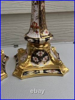 Pair Royal Crown Derby Old Imari Large Candlesticks 10.5in Excellent