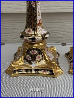 Pair Royal Crown Derby Old Imari Large Candlesticks 10.5in Excellent