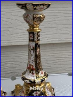 Pair Royal Crown Derby Old Imari Large Candlesticks 10.5in Excellent