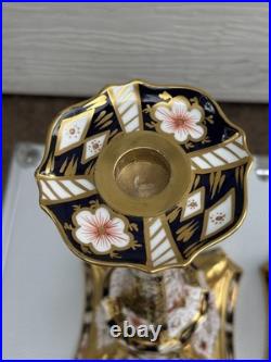 Pair Royal Crown Derby Old Imari Large Candlesticks 10.5in Excellent