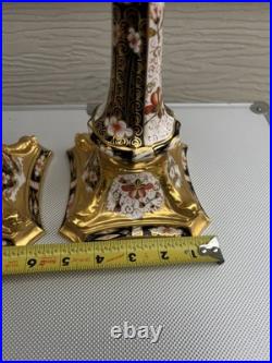Pair Royal Crown Derby Old Imari Large Candlesticks 10.5in Excellent