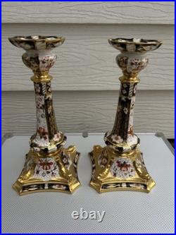 Pair Royal Crown Derby Old Imari Large Candlesticks 10.5in Excellent