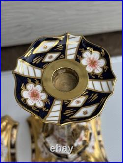 Pair Royal Crown Derby Old Imari Large Candlesticks 10.5in Excellent
