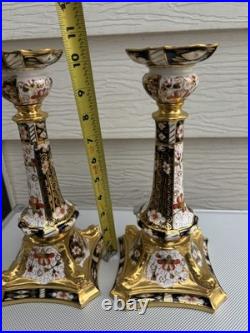 Pair Royal Crown Derby Old Imari Large Candlesticks 10.5in Excellent