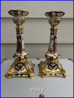 Pair Royal Crown Derby Old Imari Large Candlesticks 10.5in Excellent
