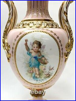 Pair Royal Crown Derby Pink Porcelain Lidded Urn with Bronze Lids, c1880