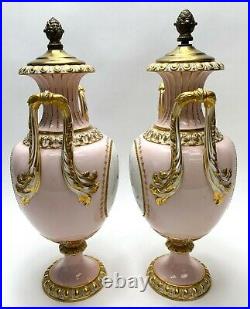 Pair Royal Crown Derby Pink Porcelain Lidded Urn with Bronze Lids, c1880
