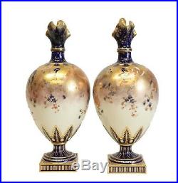 Pair Royal Crown Derby Porcelain Hand Painted Gilt Footed Ewers, circa 1880