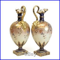 Pair Royal Crown Derby Porcelain Hand Painted Gilt Footed Ewers, circa 1880