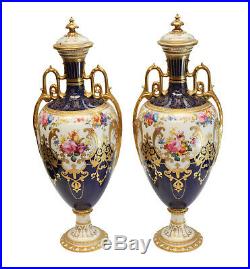 Pair Royal Crown Derby Twin Handled Lidded Urns or Vases, Artist Signed C. 1910