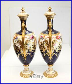Pair Royal Crown Derby Twin Handled Lidded Urns or Vases, Artist Signed C. 1910