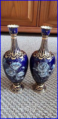 Pair Royal Crown Derby Vases With Hand Painted Limoges Enamel By Desire Leroy