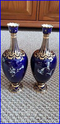 Pair Royal Crown Derby Vases With Hand Painted Limoges Enamel By Desire Leroy
