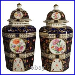 Pair of Antique Royal Crown Derby Porcelain Floral Decorated Lidded Urns c1890