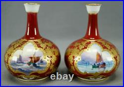 Pair of Royal Crown Derby Signed WD Boat Scene Beaded Gold & Red Miniature Vases