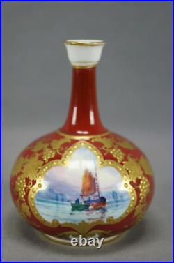 Pair of Royal Crown Derby Signed WD Boat Scene Beaded Gold & Red Miniature Vases