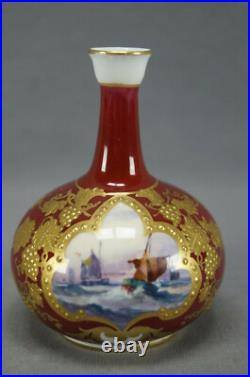 Pair of Royal Crown Derby Signed WD Boat Scene Beaded Gold & Red Miniature Vases