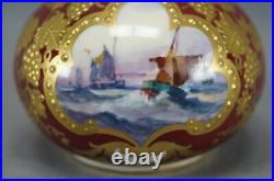 Pair of Royal Crown Derby Signed WD Boat Scene Beaded Gold & Red Miniature Vases