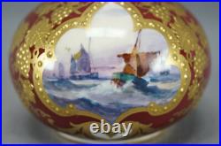 Pair of Royal Crown Derby Signed WD Boat Scene Beaded Gold & Red Miniature Vases