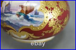 Pair of Royal Crown Derby Signed WD Boat Scene Beaded Gold & Red Miniature Vases