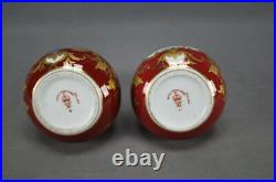 Pair of Royal Crown Derby Signed WD Boat Scene Beaded Gold & Red Miniature Vases