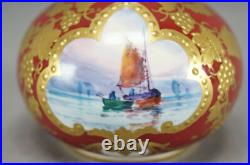 Pair of Royal Crown Derby Signed WD Boat Scene Beaded Gold & Red Miniature Vases