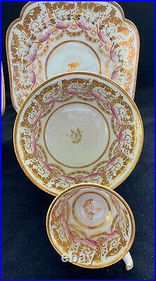 Pr Antique Royal Crown DERBY Dessert Plates, Bowls & 2 Cups with Heavy Gold Gilt