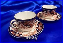 RARE Antique Set of 2 Royal Crown Derby 3973 Coffee Cups & Saucers 1916 Scallped