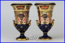 RARE PAIR Antique c1900 ROYAL CROWN DERBY Miniature IMARI Campana Vases 1128