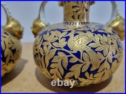 RARE Pair of Royal Crown Derby Twin Mask Handle Vases Urns C1880-1890