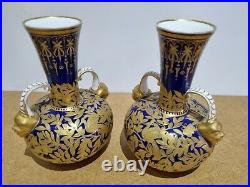 RARE Pair of Royal Crown Derby Twin Mask Handle Vases Urns C1880-1890