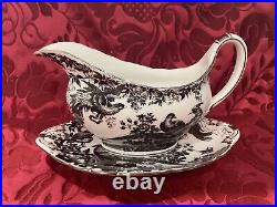 RARE Royal Crown Derby Black Aves Gravy Boat with Tray PLATINUM TRIM