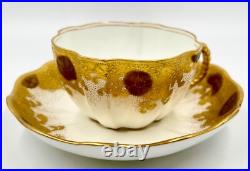 RARE c1891 FINE ANTIQUE ROYAL CROWN DERBY GOLD ENCRUSTED CUP & SAUCER XLNT COND