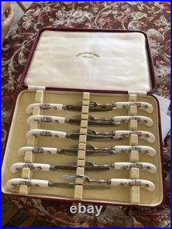 ROYAL CROWN DERBY ASIAN ROSE Desert 12 Pcs Knifes Forks IN ORIGINAL CASE (B7)