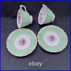 ROYAL CROWN DERBY Kendal Rose Green Tea Cups & Saucers Set Of 2 Vintage Rare
