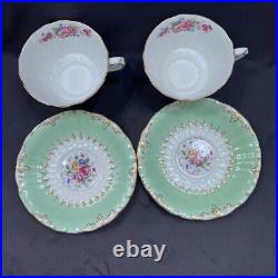 ROYAL CROWN DERBY Kendal Rose Green Tea Cups & Saucers Set Of 2 Vintage Rare