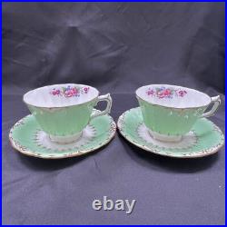 ROYAL CROWN DERBY Kendal Rose Green Tea Cups & Saucers Set Of 2 Vintage Rare